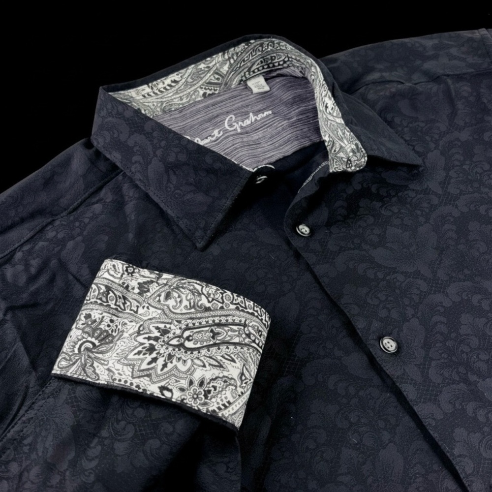 Robert Graham Black Patterned Dress Shirt (Prom Ready) with paisley trim. - Picture 3 of 8